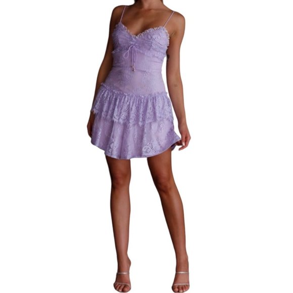 Angel Biba Sleeveless Tiered Shimmer Lace Mini Dress Purple Size Small NWT - Picture 3 of 5
